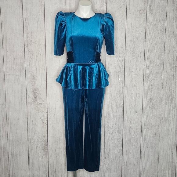 VTG 80s Teal Velvet Peplum Waist Jumpsuit with Open Back, size 5 - Picture 2 of 8